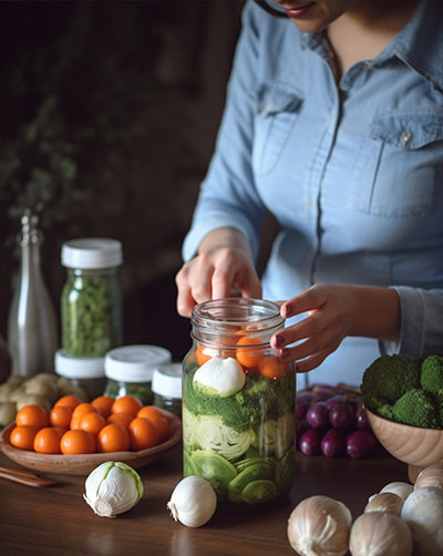 woman fermenting vegetables in the kitchen